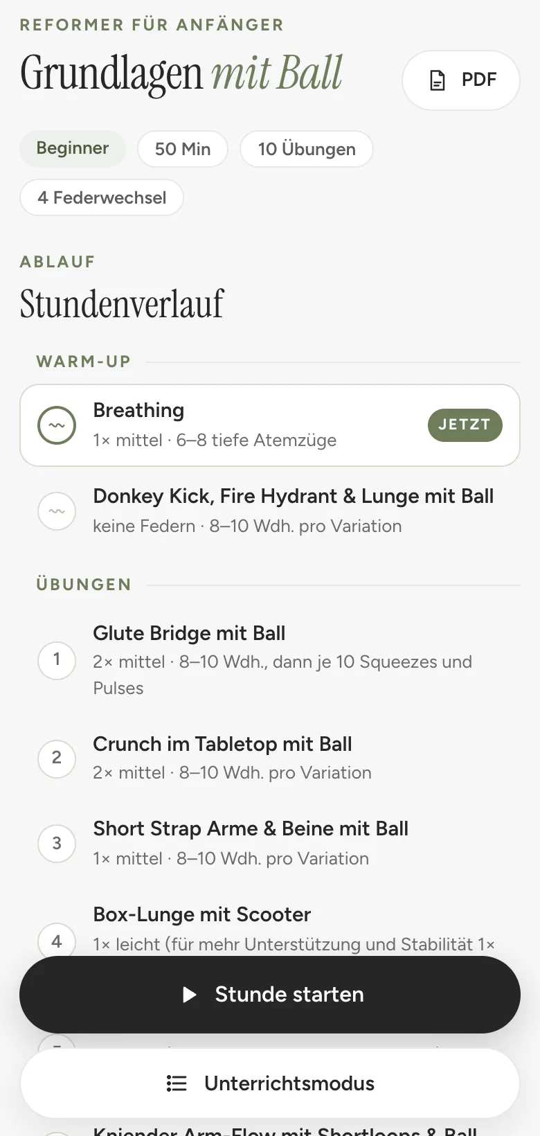 Stundenverlauf des Plans mit Warm-up, nummerierten Übungen, Federn und Wiederholungen