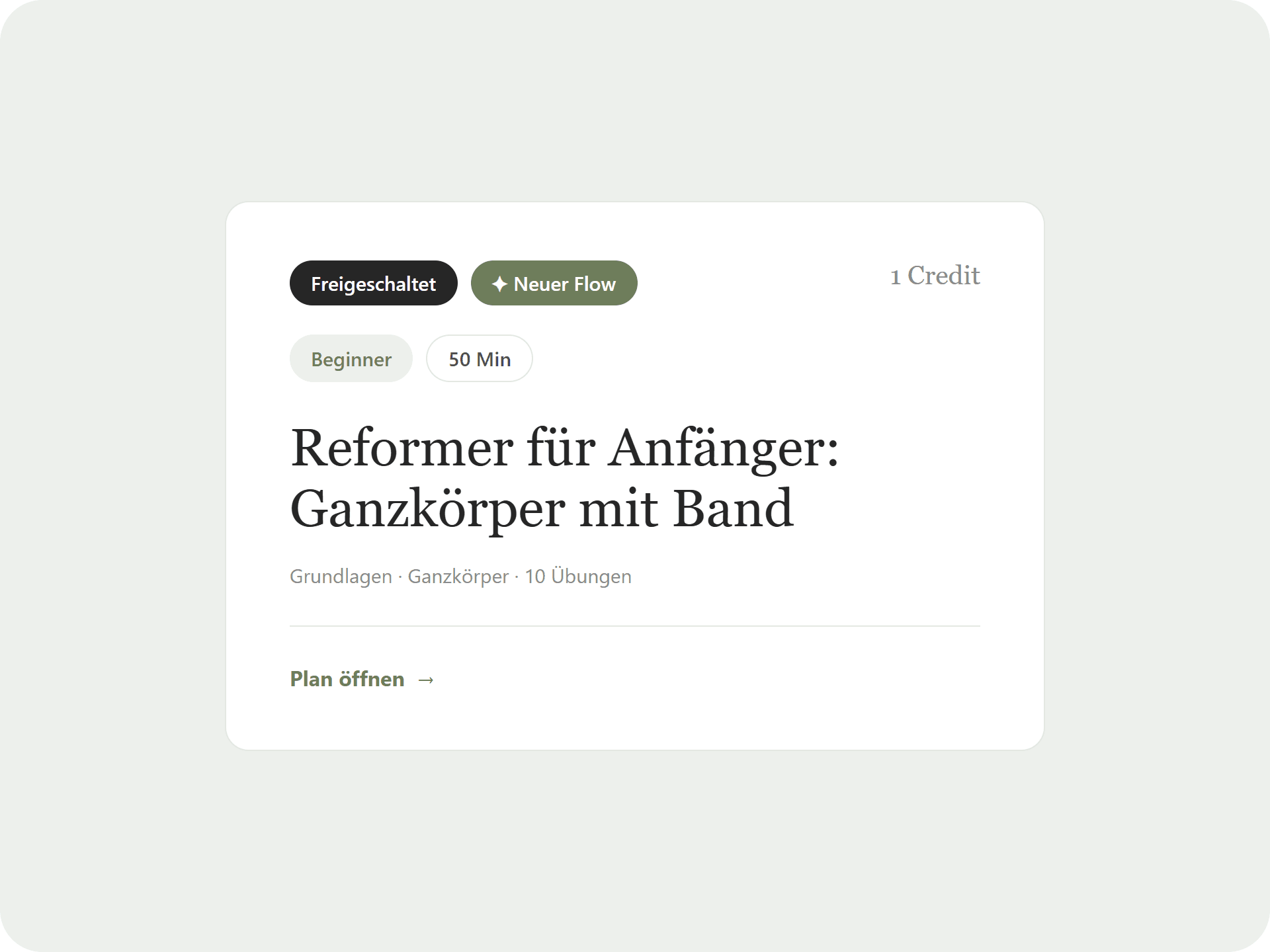Plankarte mit "Freigeschaltet"- und "Neuer Flow"-Badge, Level, Dauer, Titel und "Plan öffnen"-Link