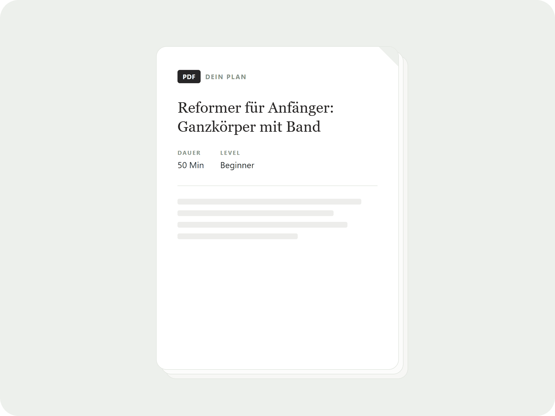 Dokument mit umgeknicktem Eck, PDF-Badge, Plantitel sowie Dauer und Level