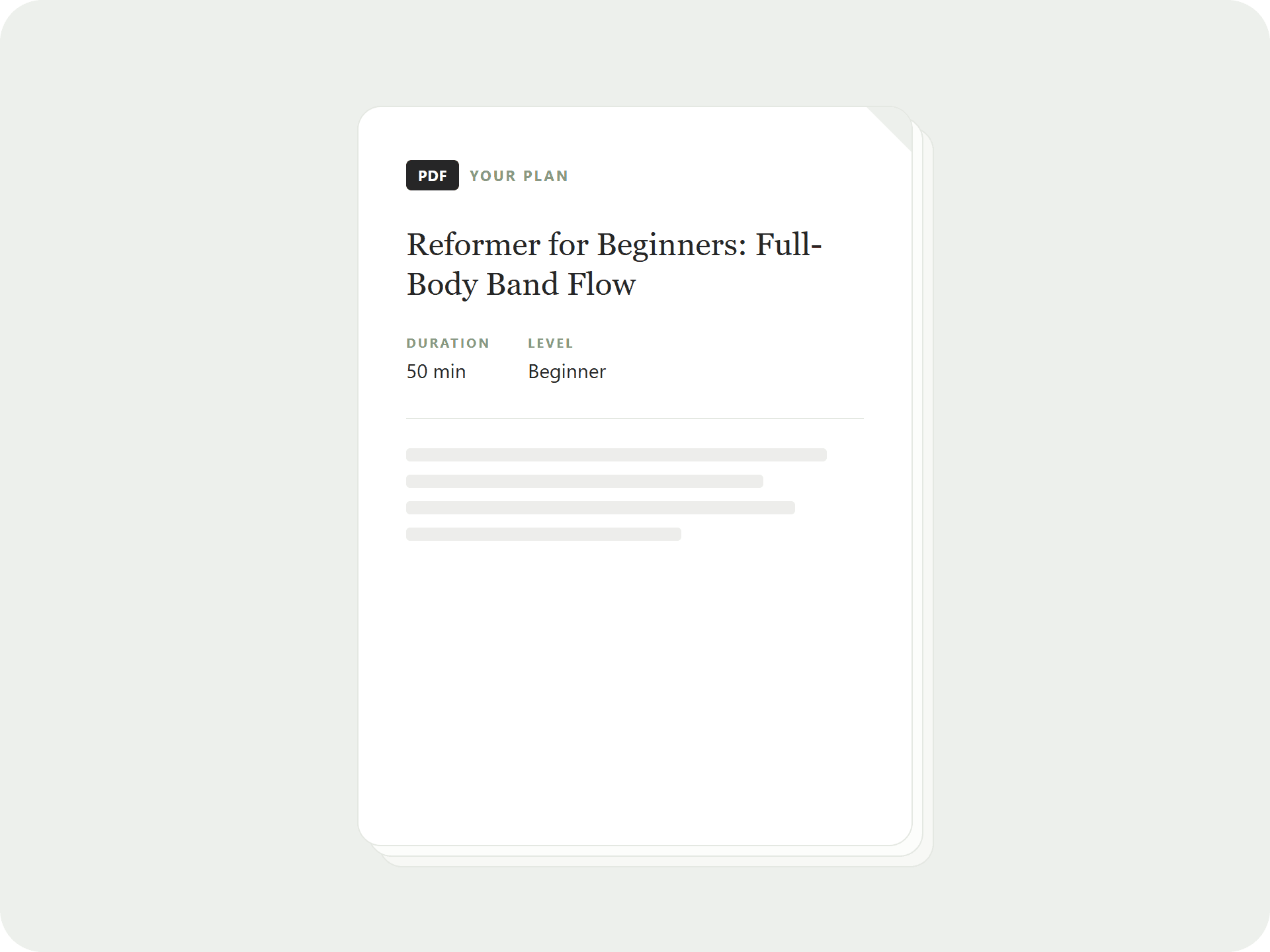 Document with a folded corner, a PDF badge, the plan title, and duration and level