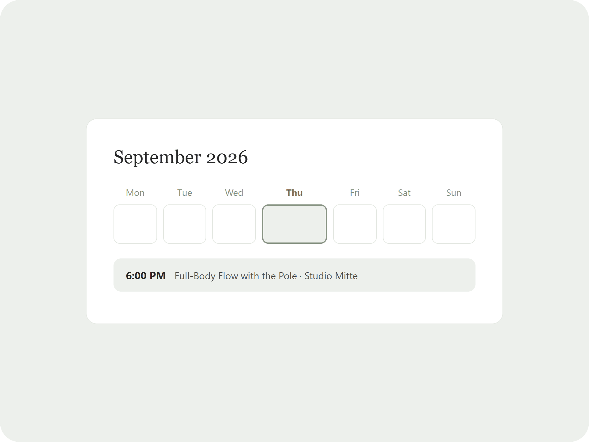 Mon–Sun week strip with Thursday highlighted and a class entry logged