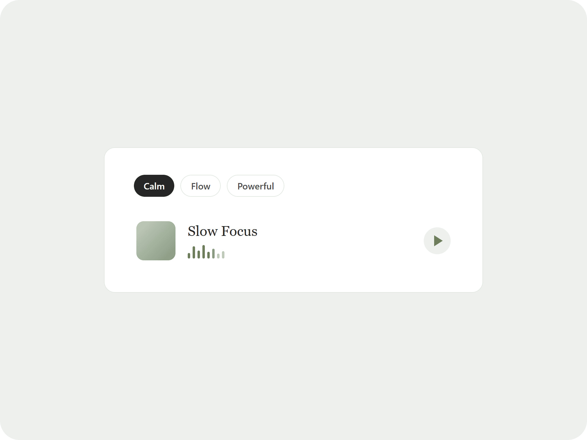 "Calm" mood tab selected, with one playlist entry showing album art and a soundwave