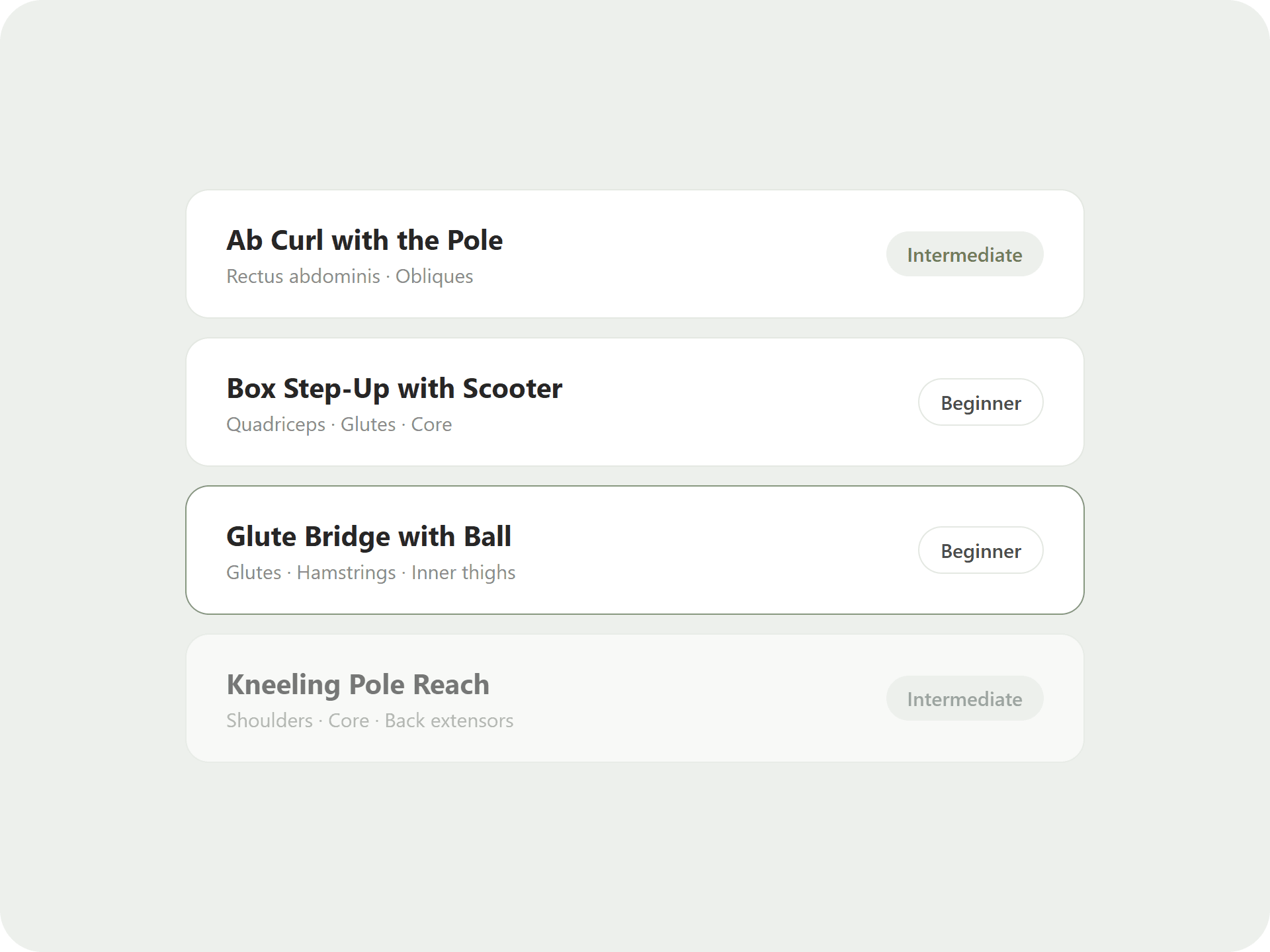 List of four exercises with names, muscle groups and a level badge