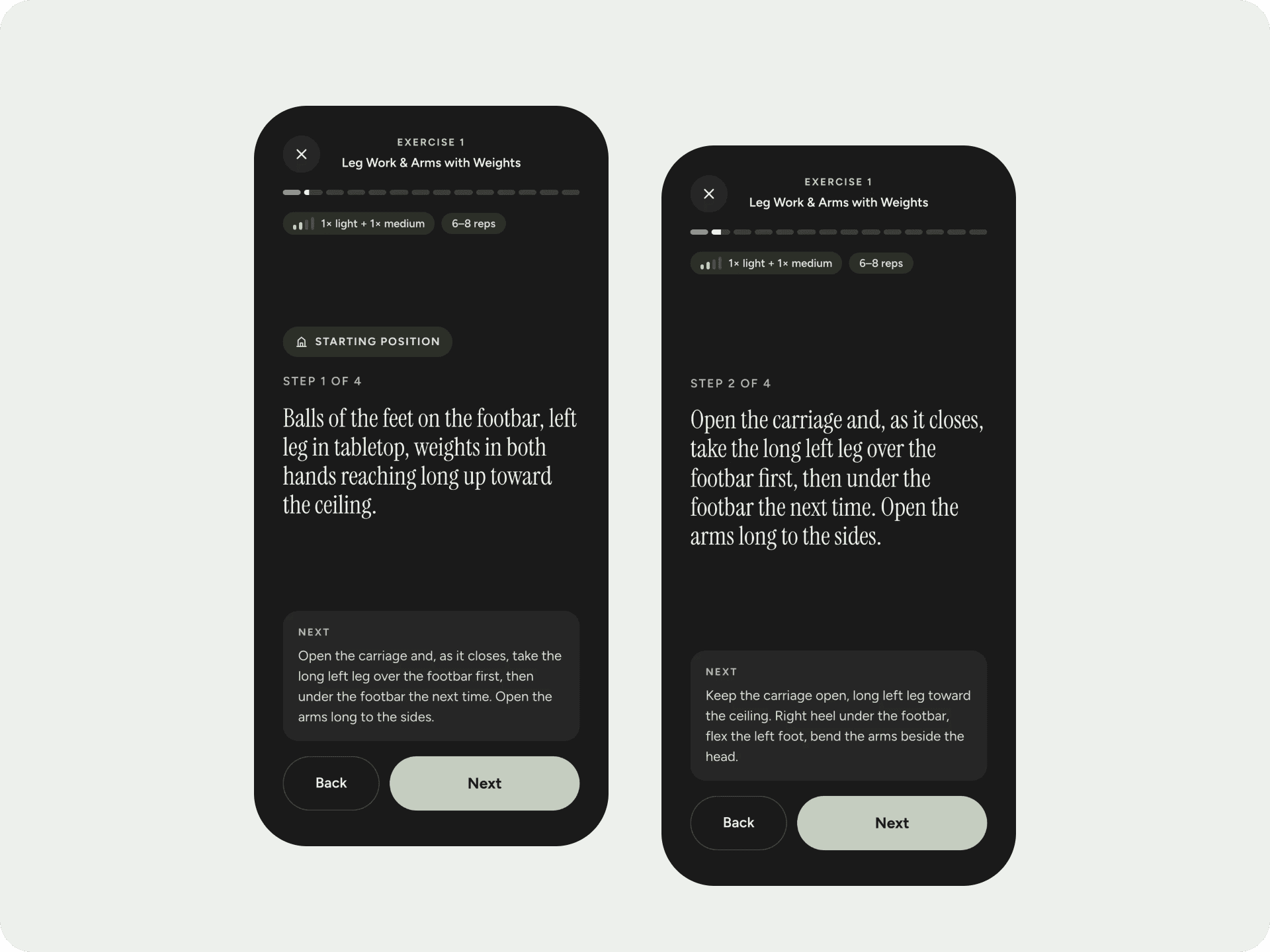 Two phones in teaching mode: dark screen, one step of the exercise in large type, the “Next” preview below