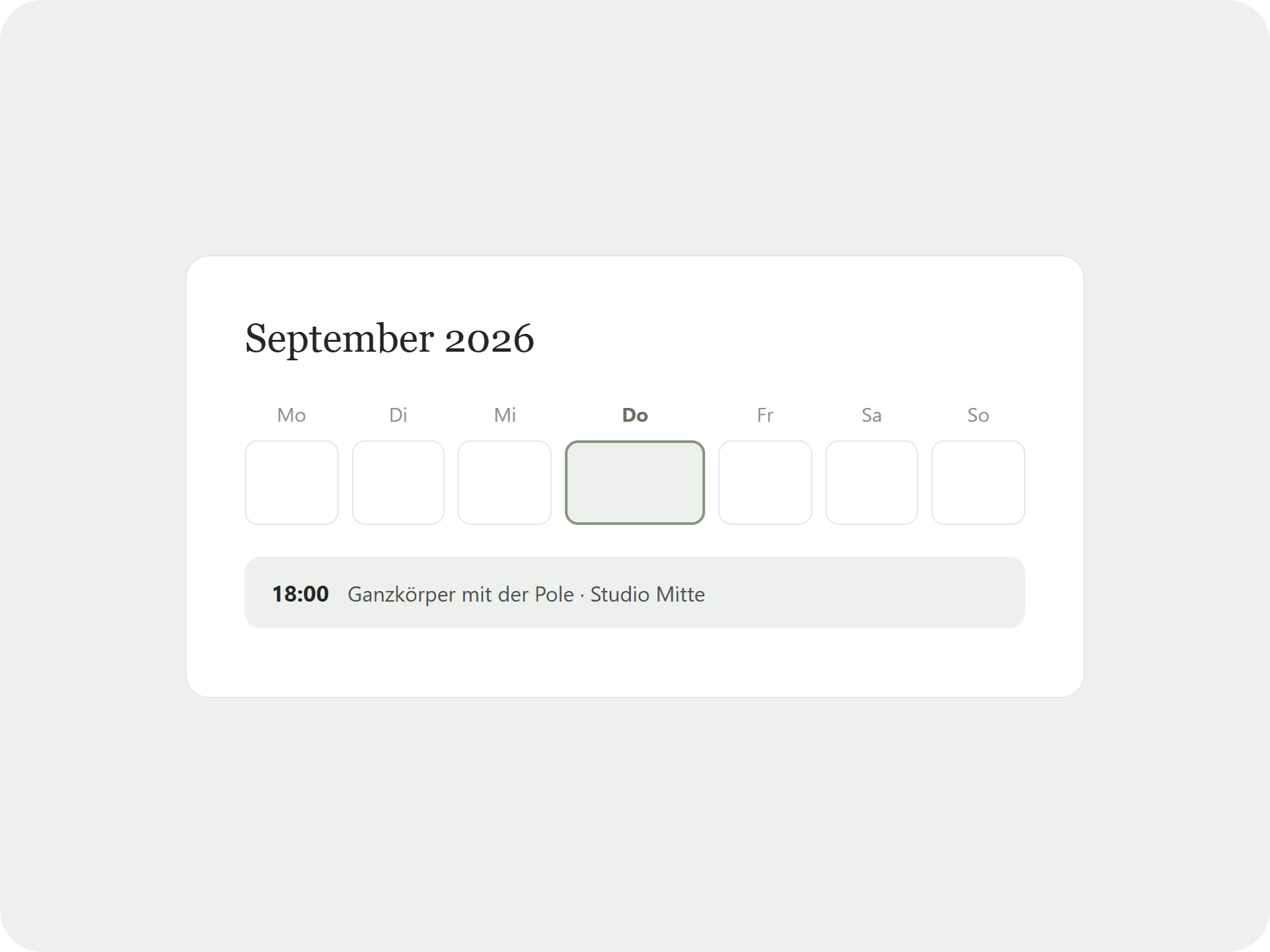 Wochenzeile Mo–So mit hervorgehobenem Donnerstag und eingetragenem Kurstermin