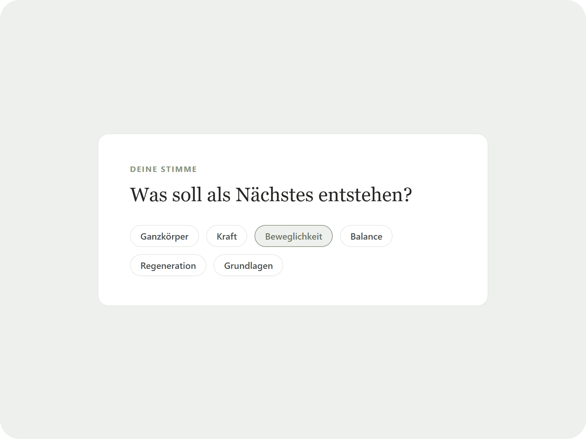 Auswählbare Themen-Chips, "Beweglichkeit" ist ausgewählt