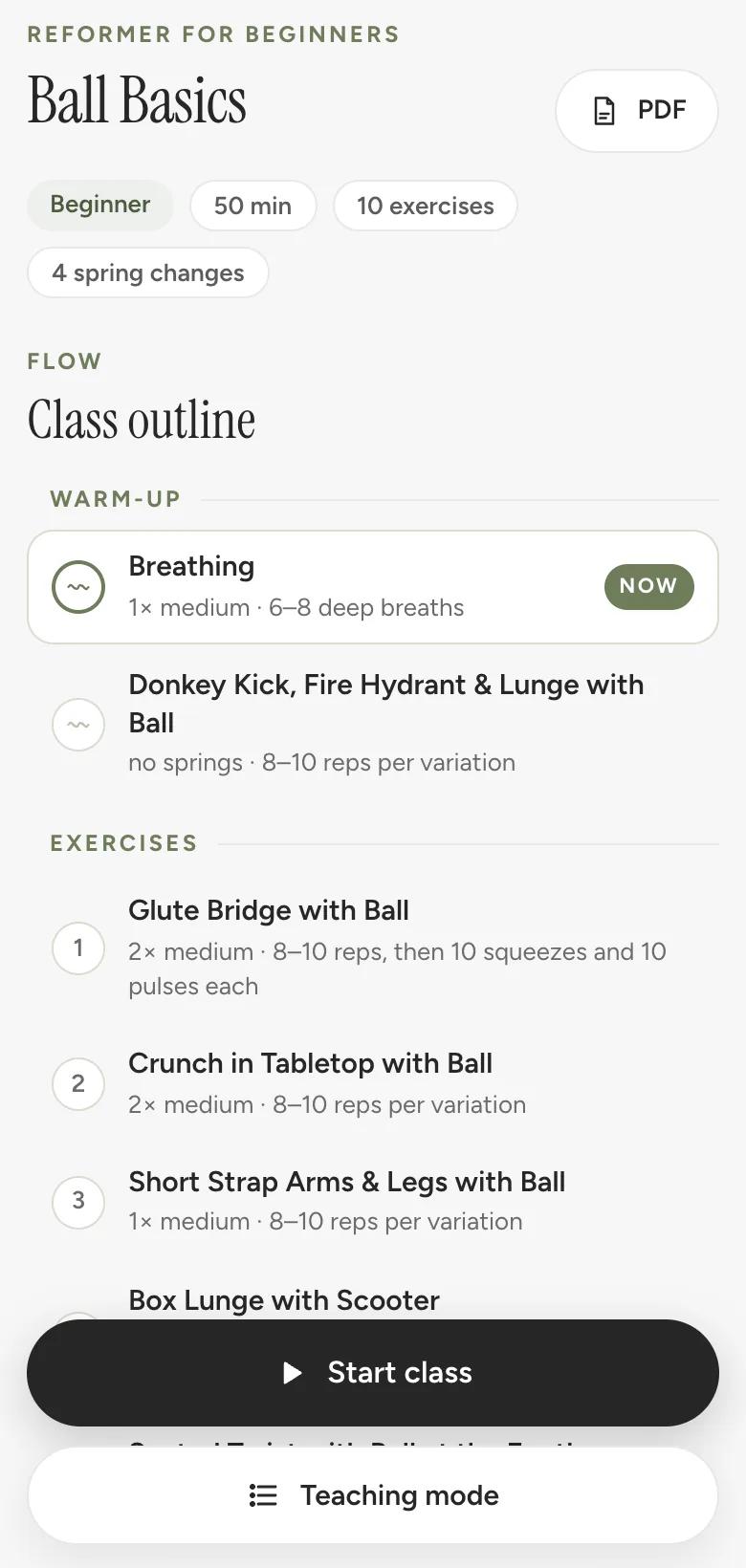Class outline with warm-up, numbered exercises, springs and reps